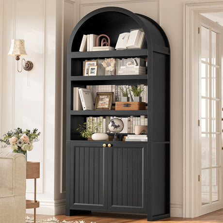 81" Tall Arched Cabinets,Bookcase with storage,Mid-Century Modern 6-Tier Bookshelf with Door,2 Book Risers and Adjustable Shelves offering more storage space for Living Room,Kitchen,Home Office,Black UPOSOJA