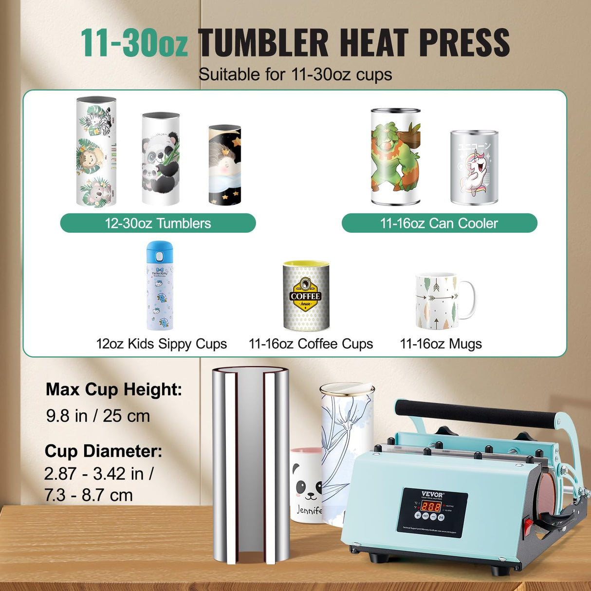 VEVOR Tumbler Heat Press Machine, 11-30oz Mug Press, Heat Up Fast and Even, Tumbler Press with Sublimation Paper, Tape and Gloves, Temp and Time Setting, for Sublimation Tumblers, Cups, Mugs, Green VEVOR
