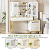 Chrangmay 47.24" Big Modern Vanity Desk with Mirror and Lights,Makeup Vanity Desk with 5 Drawers and Storage Shelves & Power Outlet,Dressing Table with Glass Top, White Chrangmay