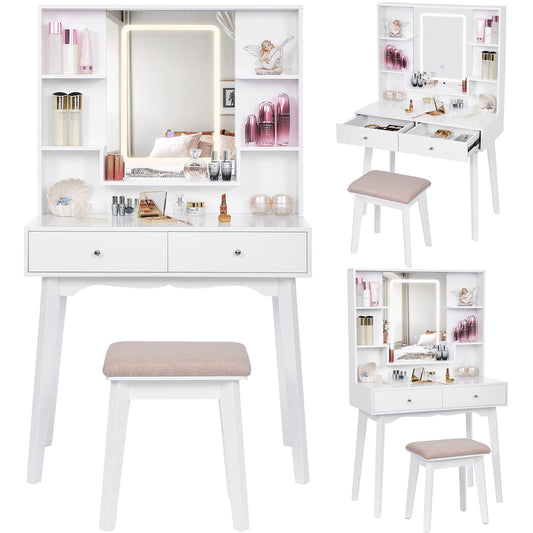 ANWBROAD Makeup Vanity Desk Vanity Table Set with LED Lighted Mirror 3 Lighting Colors Adjustable 5 Storage Shelves Cushioned Stool 2 Big Drawers Dresser Desk for Girls Women White UBDT14W