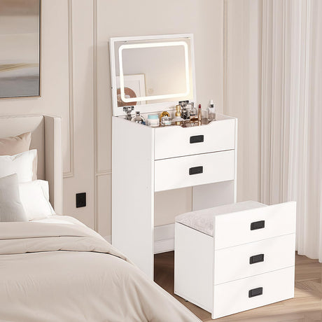 HVCBOSS 3 in 1 Vanity Desk with Flip Top Mirror, Small Make Up Vanity Set with Visible Glass Desktop, Compact Makeup Vanity with 3 Drawers, Cushioned Tool, Dressing Table for Bedroom HVCBOSS
