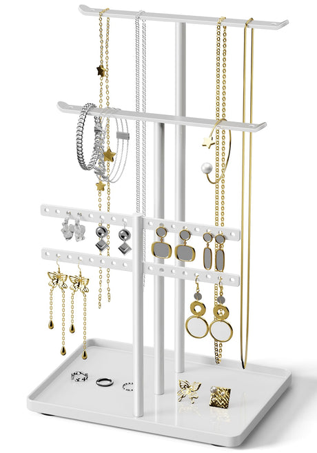 pickpiff Jewelry Stand Organizer, 14.5" Tall Sturdy Metal, 3-TierJewelry Holder for Necklace, Earring, Bracelet, Ring, Hanger for Display and Storage, Aesthetic Room Decor, White pickpiff