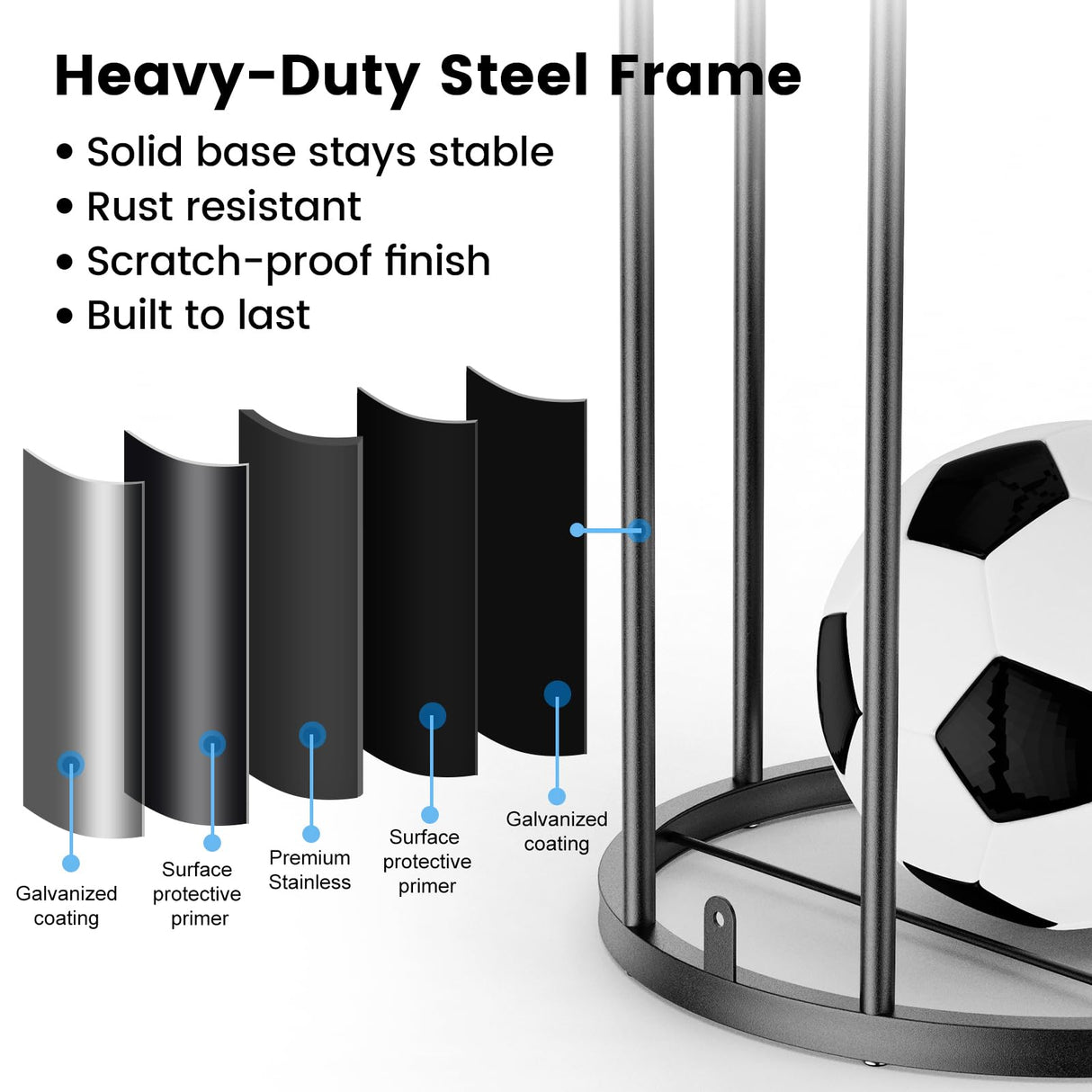 Garage Ball Storage Rack – Freestanding & Wall Mounted Sports Organizer with Elastic Cords Holds 7 Balls – Space Saving Basketball Soccer Football Holder for Home Kids Room WoodArtSupply