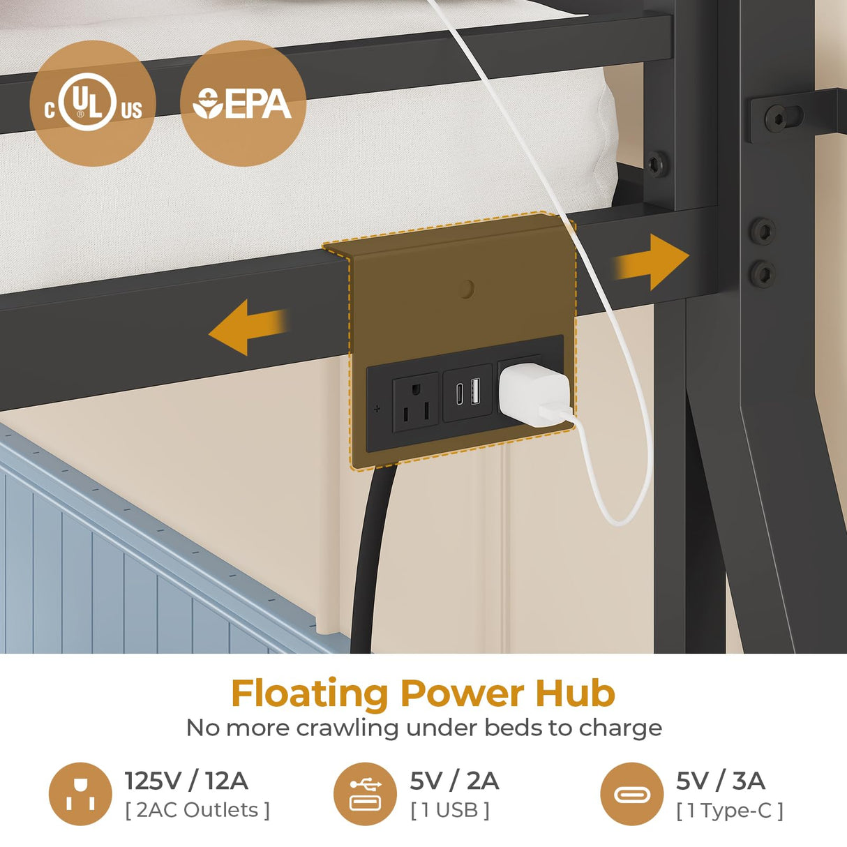 ADORNEVE Low Bunk Bed Twin Over Twin with Storage Bookshelves, 2 Drawers & Power Outlet, LED Metal Floor Bunk with Full-Length Guardrail & Metal Slats, No Box Spring Needed, for Kids, Black ADORNEVE