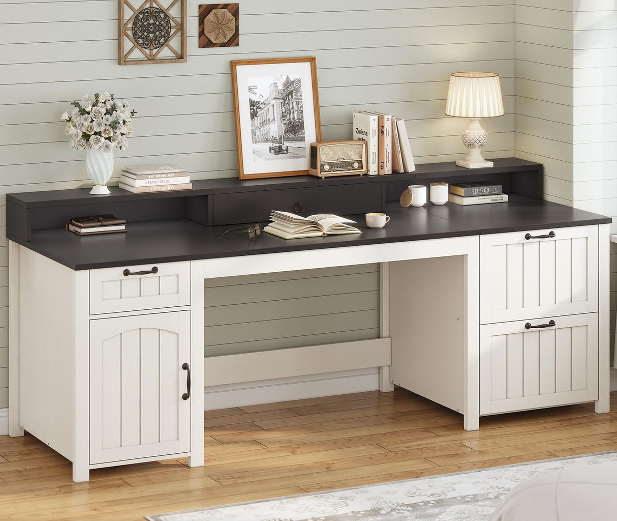 SEDETA Farmhouse 63" Executive Desk, Home Office Desk with File Drawer and Monitor Stand, Computer Desk with Drawers and Storage Cabinet, Wood Desk for Work Study Writing, White SEDETA