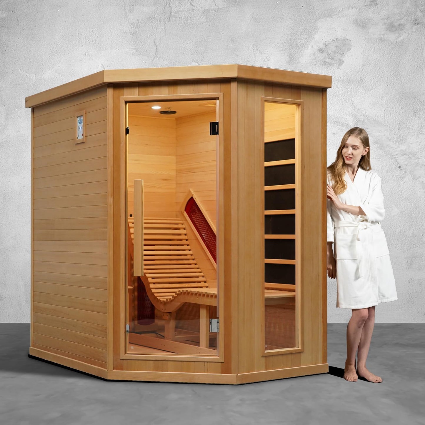 Smartmak Far Infrared Wood Sauna, 1 or 2 Person Home Canadian Hemlock Luxurious Wooden Traditional Indoor Corner Saunas, 2300 W Spa Room with Recliner, 8 Heating Element, Speaker, Lights, Oxygen Bar