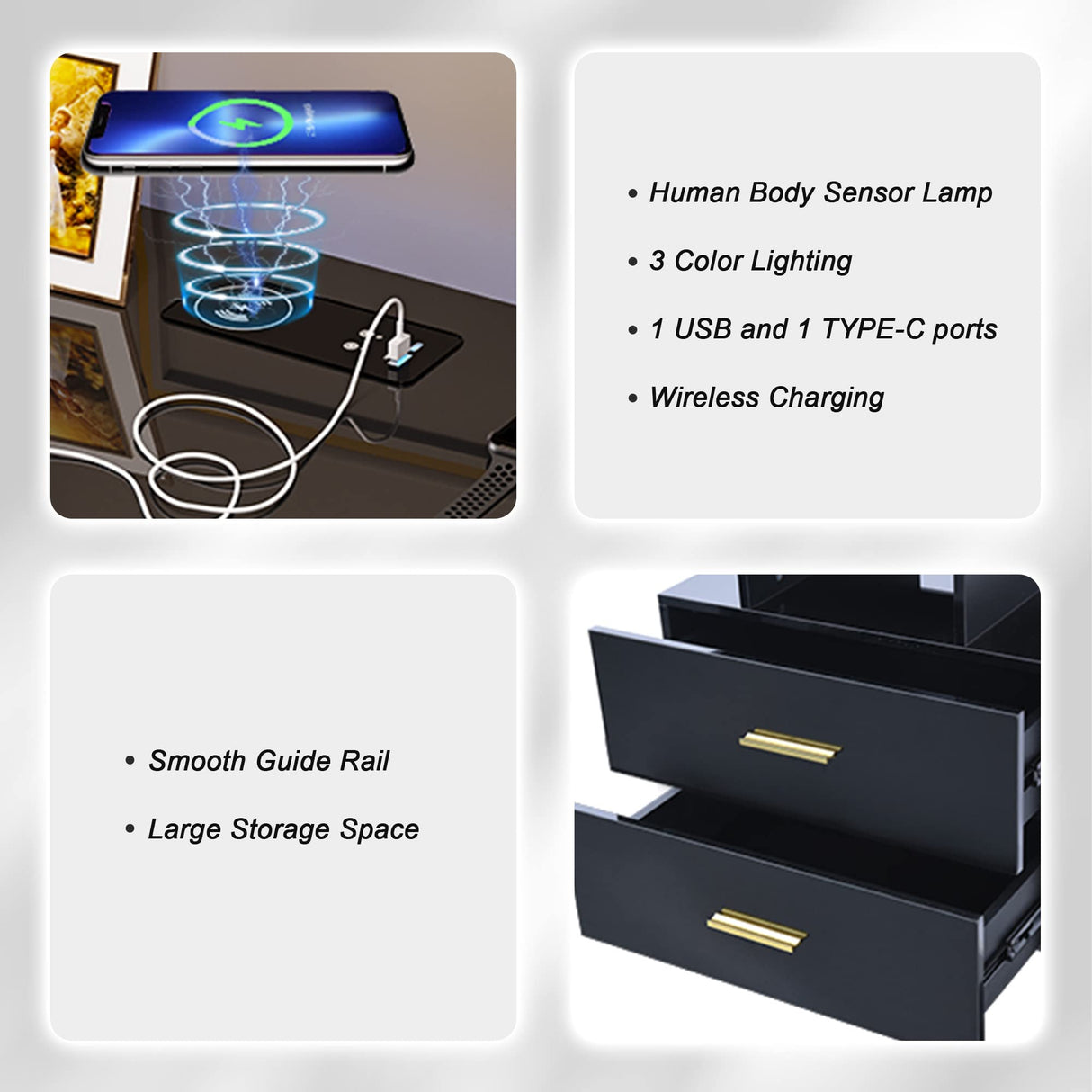 HNEBC Auto LED Nightstand with Wireless Charging Station & USB Ports,High Gloss Bedside Tables with 2 Drawers,Floating Nightstand with 3 Color & Adjustable Brightness Embedded LED Light Strip HNEBC