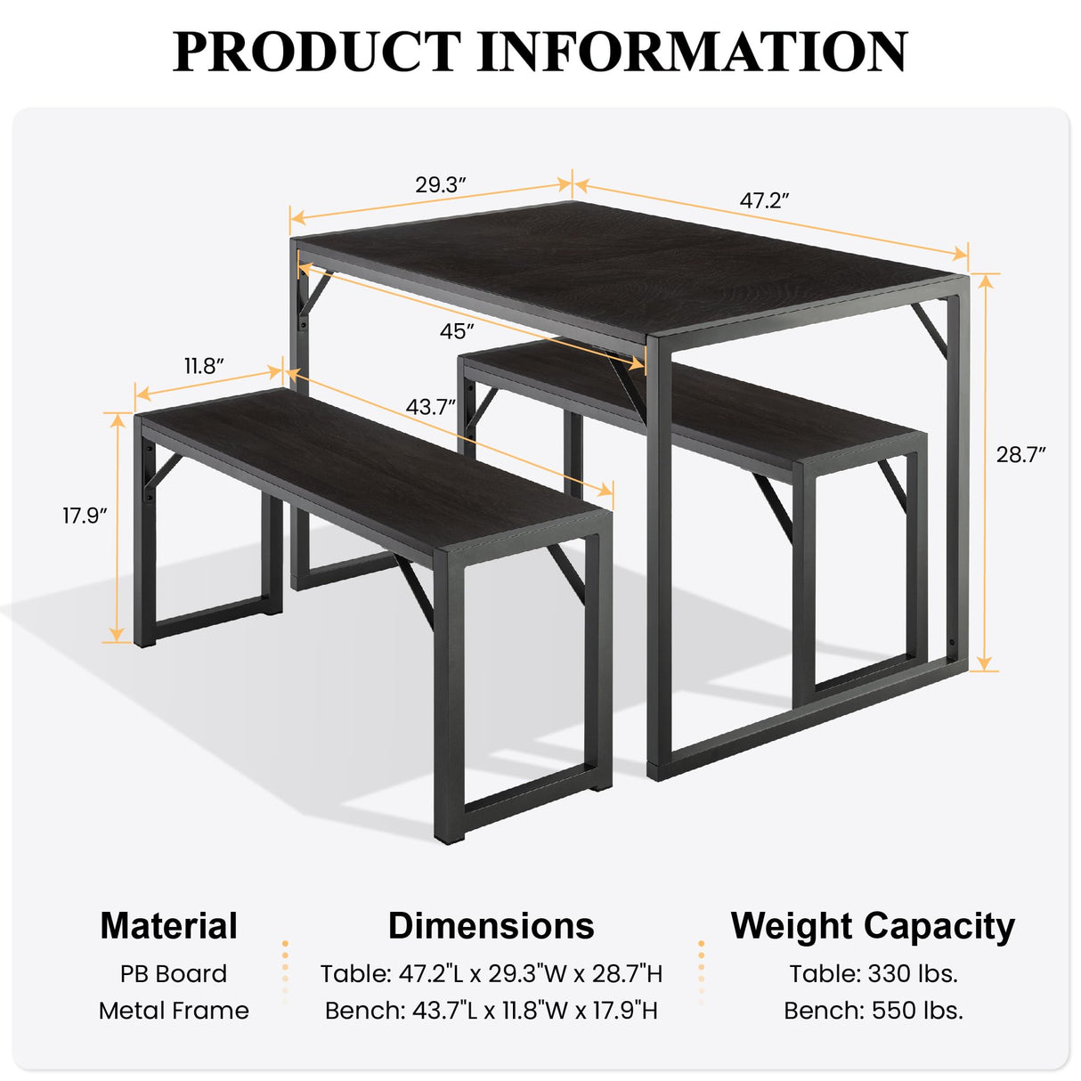 SHA CERLIN Kitchen Dining Table Set for 4 with Benches, Rustic Small Space Saving Dinette, Heavy Duty Metal Frame SHA CERLIN