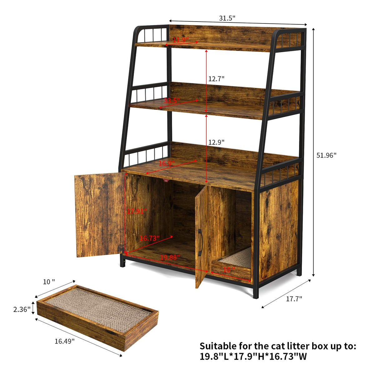 Cat Litter Box Enclosure with Shelves - Large Litter Box Enclosure with Cat Scratching Pad and Anti-Scratch, Vintage Wooden Hidden Cat Litter Box Furniture (Rustic Brown) EasyCom