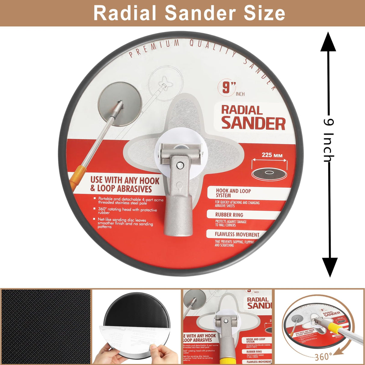 Pole Sander for Drywall, Radial Sander 9 Inch with Pole, Wall Sander for Painting Prep, 360 𝑫𝒆𝒈𝒓𝒆𝒆 𝑹𝒐𝒕𝒂𝒓𝒚 Round Circular Hand Sanding Head for Dry Wall and Ceilings Podoy