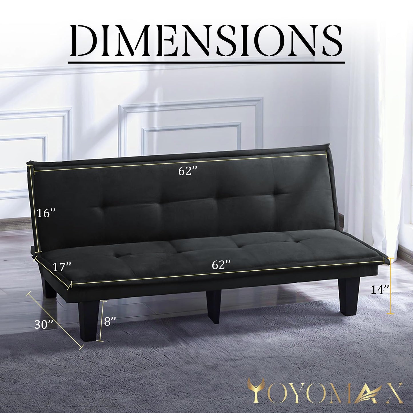 yoyomax Futon Convertible Couch,Breathable Fabric Folding Sofa Bed Easy to Clean-Ideal for Living Room,Bedroom, Apartment and Office-Compact Design for Spacing Saving, 62" D x 30" W x 28.3" H, Black