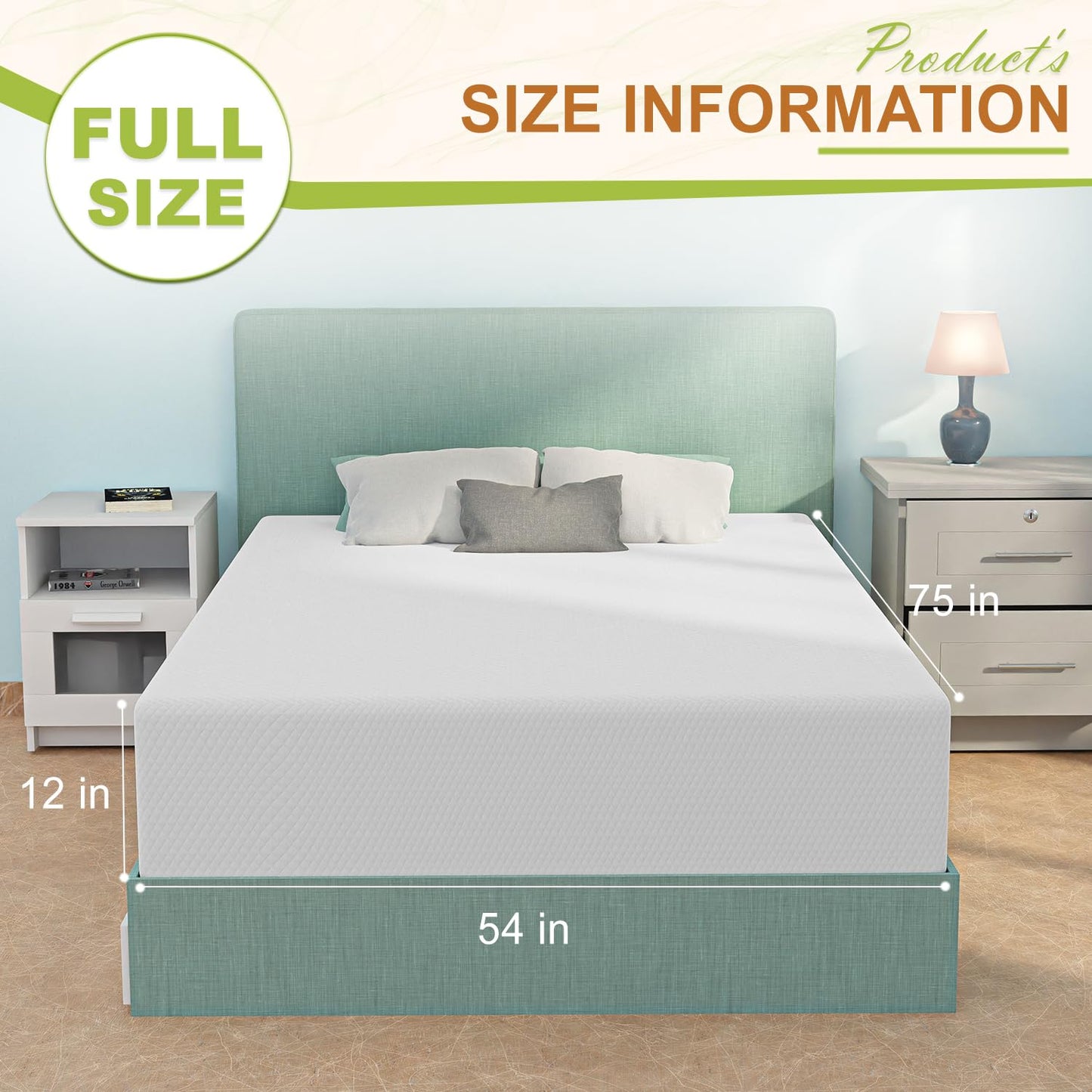 NChanmar 12 Inch Full Size Mattress, Gel Memory Foam Full Mattress, Pressure Relieving, Cooling Gel Foam, Full Mattress in a Box, Bed-in-a-Box, Full, 75" L x 54" W x 12" Th, White