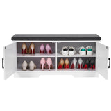 HOMSHO 2-Tier Storage Bench,Shoe Bench with Padded Seat Cushion, Entryway Bench with 2 Barn Doors,Adjustable Shelf, 39.4" L x 13.8" W x 17.7" H, for Entryway, Living Room, Bedroom,White HOMSHO