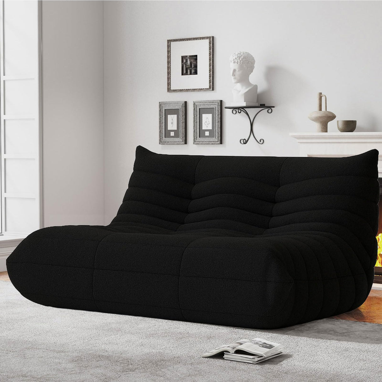 Bean Bag Chairs for Adults, Memory Foam Couch Loveseat Sofa Chair, Soft Teddy Material Cozy Comfy Reading Nook Chairs, Floor Chair for Living Room Bedroom Office(Black) WHGBJA