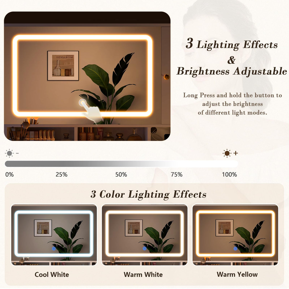 CSZZD Vanity Desk with Mirror and Lights, White Makeup Vanity Desk with Charging Station, Dressing Table with Storage Drawers, RGB Cabinets and Hidden Jewelry Rack for Bedroom, 3 LED Light Modes CSZZD