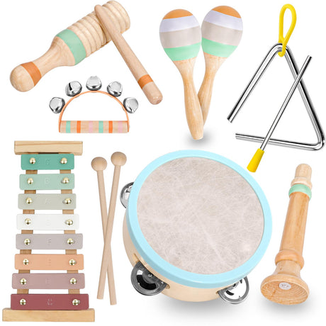 Raimy Musical Instruments Set - Neutral Colors Wooden Montessori Toys Percussion Music Modern Boho Xylophone Birthday Gifts for 1 2 3 Year Old Kids Baby Toddlers Boys Girls with Storage Bag Raimy