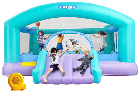 Easyair Large Bounce House for Big Kids, 14.8 x 14.5 FT Inflatable Bouncer Jumper Slide with 650W Blower, Basketball Hoop, Throw Ball Game, Ball Pits (Green, 177" L x 174" W x 94" H) Easyair