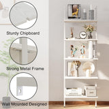 aboxoo Ladder Shelf White Wooden Bookshelf 5-Tier Wall-Mounted Open Wood Rack Industrial Modern Plant Flower Stand Utility Organizer Bookcase Metal Frame Furniture Office Kitchen Bedroom aboxoo