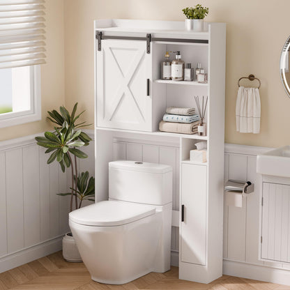 MU Over The Toilet Storage Cabinet with Sliding Barn Door, Freestanding Bathroom Over Toilet Storage with Side Shelves, Behind Toilet Storage Cabinet, White