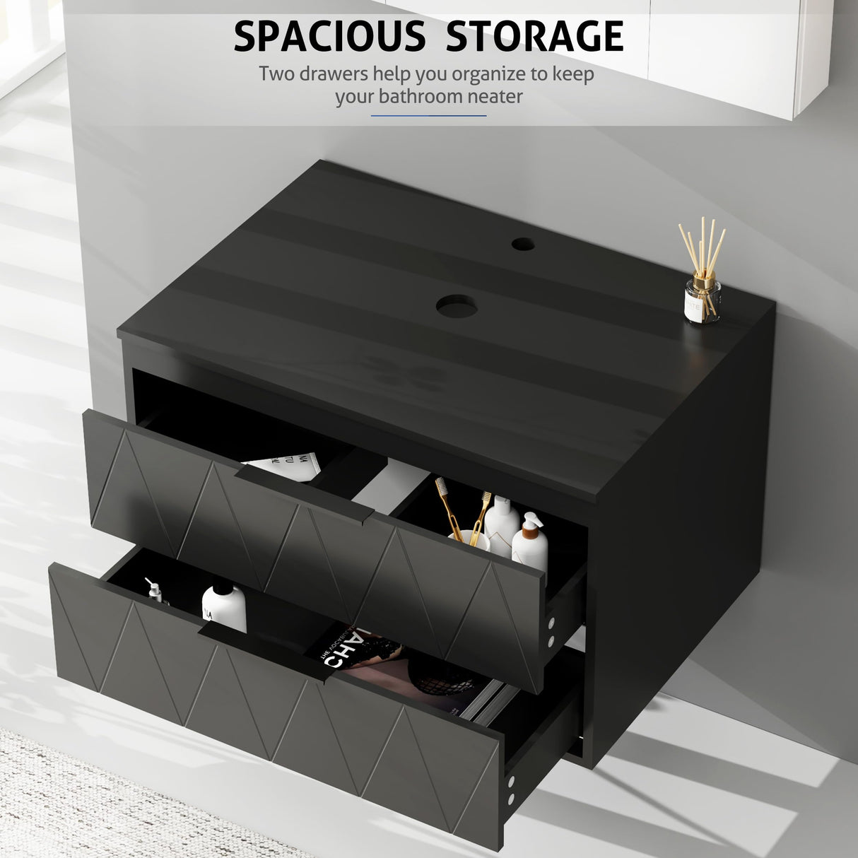 eclife 30" Bathroom Vanities Cabinet with Sink Combo, Wall Mounted Floating Cabinet w/Decor Lines, White Curved Ceramic Vessel Sink W/ORB Water Save Faucet & Pop Up Drain, Black eclife