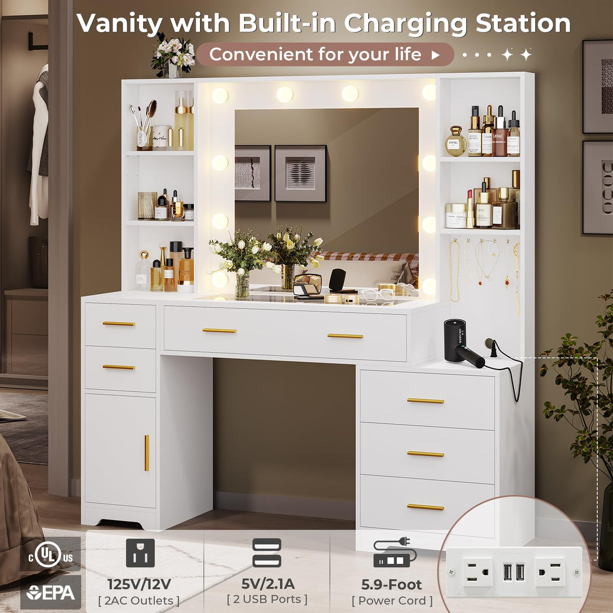 Hasuit 48.8'' Large Vanity Desk with Lighted Mirror & Power Outlet, White Makeup Vanity Table with 6 Drawers, 4 Shelves and 1 Storage Cabinet, Glass Tabletop Bedroom Dressing Table, 3 Lighting Modes Hasuit