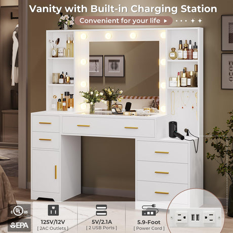 Hasuit 48.8'' Large Vanity Desk with Lighted Mirror & Power Outlet, White Makeup Vanity Table with 6 Drawers, 4 Shelves and 1 Storage Cabinet, Glass Tabletop Bedroom Dressing Table, 3 Lighting Modes Hasuit