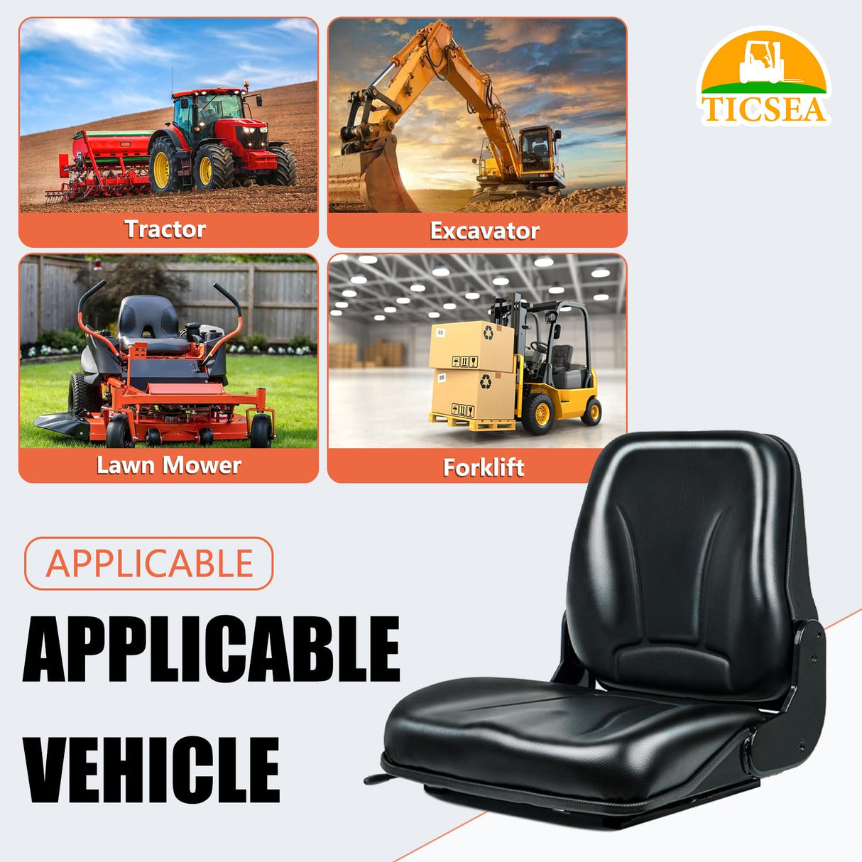 Universal Forklift Seat, Fold Down Tractor seat with Micro Switch for Tractor, Caterpillar Excavator Skid Loader Backhoe Dozer Telehandler TICSEA