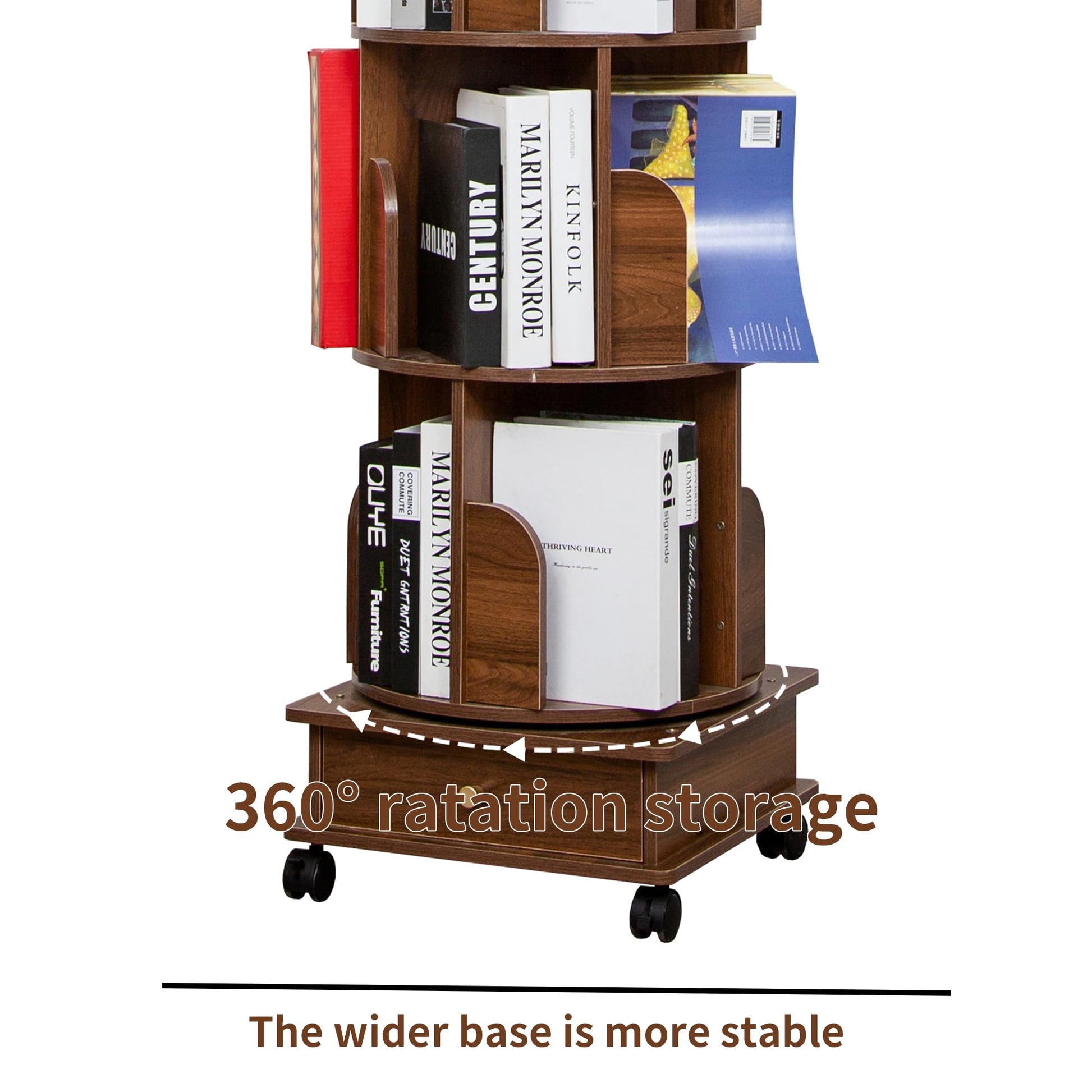 360-Degree Rotating Wooden Bookshelf Tower with Wheels and Storage Drawers - WoodArtSupply