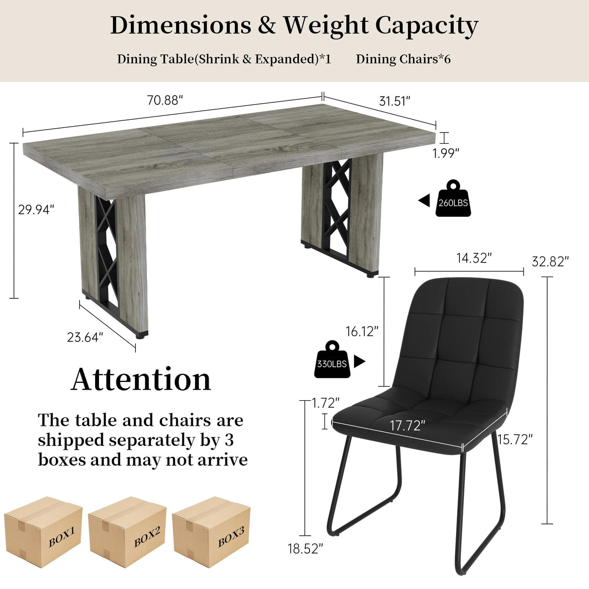 HIPIHOM 7-Piece Dining Table Set for 6-8 People, 70.8" MDF Kitchen Table with 6 Upholstered Chairs, Space-Saving for Dining Room, Breakfast Nook(Grey Table+6 U-Shaped Black Chairs) HIPIHOM