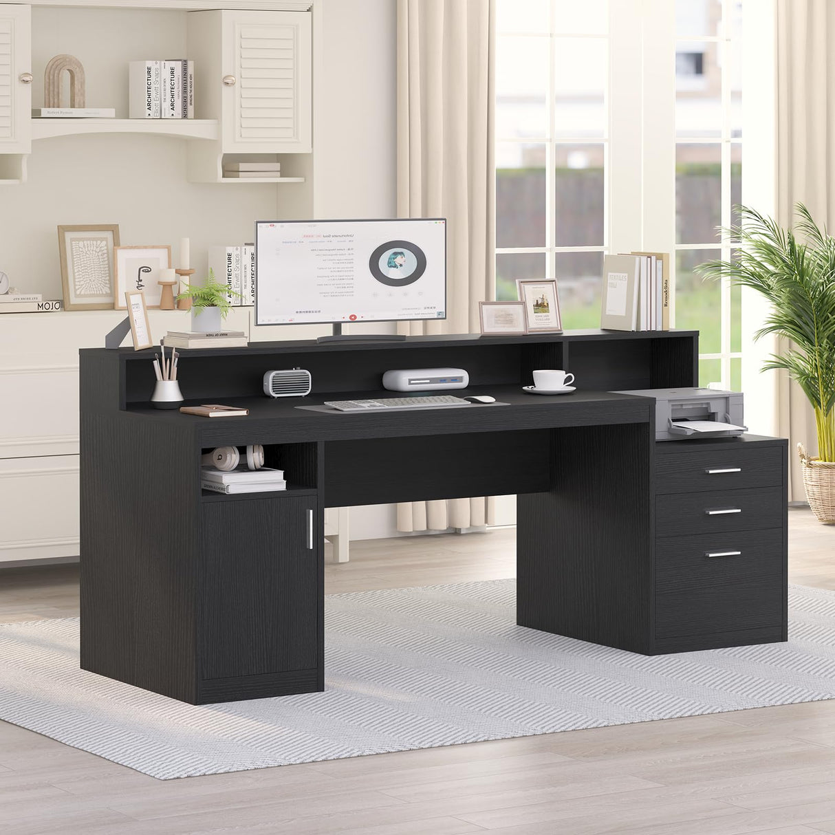 YOMILUVE Computer Desk with 3 Drawer & Storage Shelves, Home Office Desk with File Drawer & Cabinet, Writing Study Table with Long Monitor Stand & Printer Shelf, Executive Desk, Black YOMILUVE