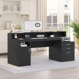 YOMILUVE Computer Desk with 3 Drawer & Storage Shelves, Home Office Desk with File Drawer & Cabinet, Writing Study Table with Long Monitor Stand & Printer Shelf, Executive Desk, Black YOMILUVE