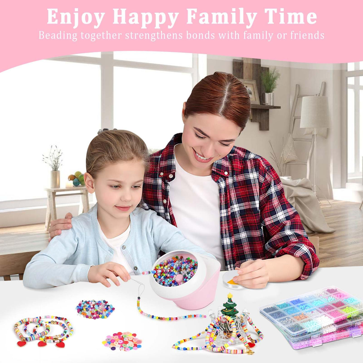 Myartype Clay Bead Spinner and Seed Bead Spinner, 2-in-1 Electric Bead Spinner for Jewelry Making, Bracelet Spinner and Necklace Making Machine with Bead Needles and Thread (Pink) Myartype