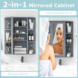 COSTWAY Wall Mounted Bathroom Cabinet - Storage Organizer with Mirror Door, Adjustable Shelves & 6 Open Racks, Space-Saving Hanging Medicine Cabinet for Living Room Kitchen Entryway (Gray) COSTWAY