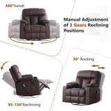 ANJ Swivel Rocker Recliner Chair, Manual PU Leather, 360° Swivel with Massage & Heat for Living Room, Brown ANJ