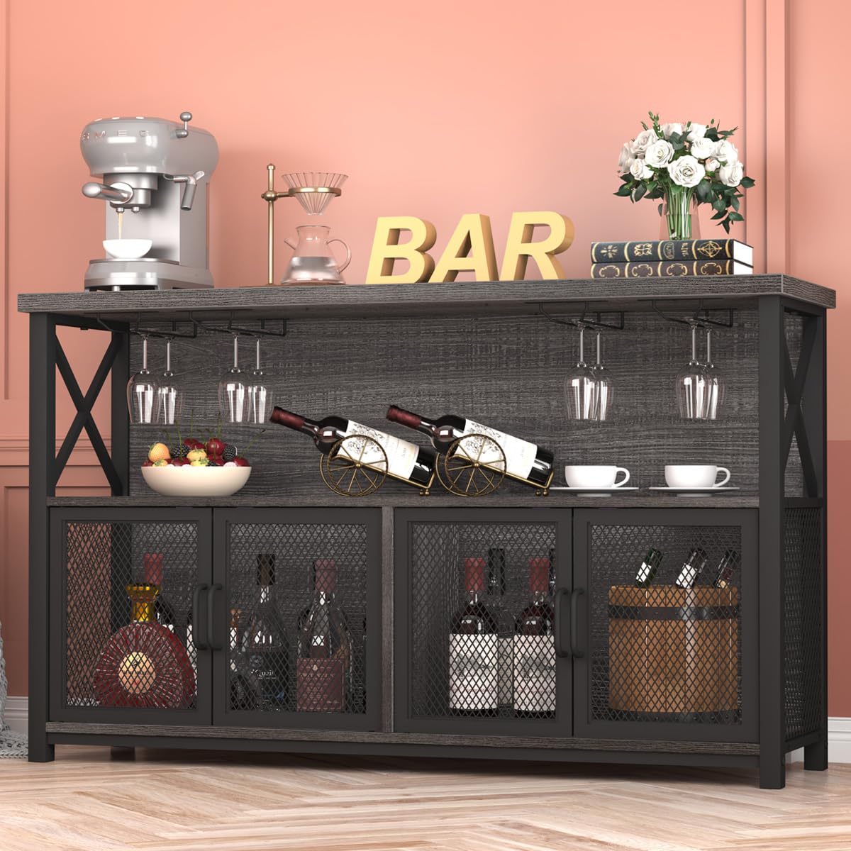 LVB Industrial Dark Gray Oak Wine Bar Cabinet with Storage Rack and Glass Holders LVB