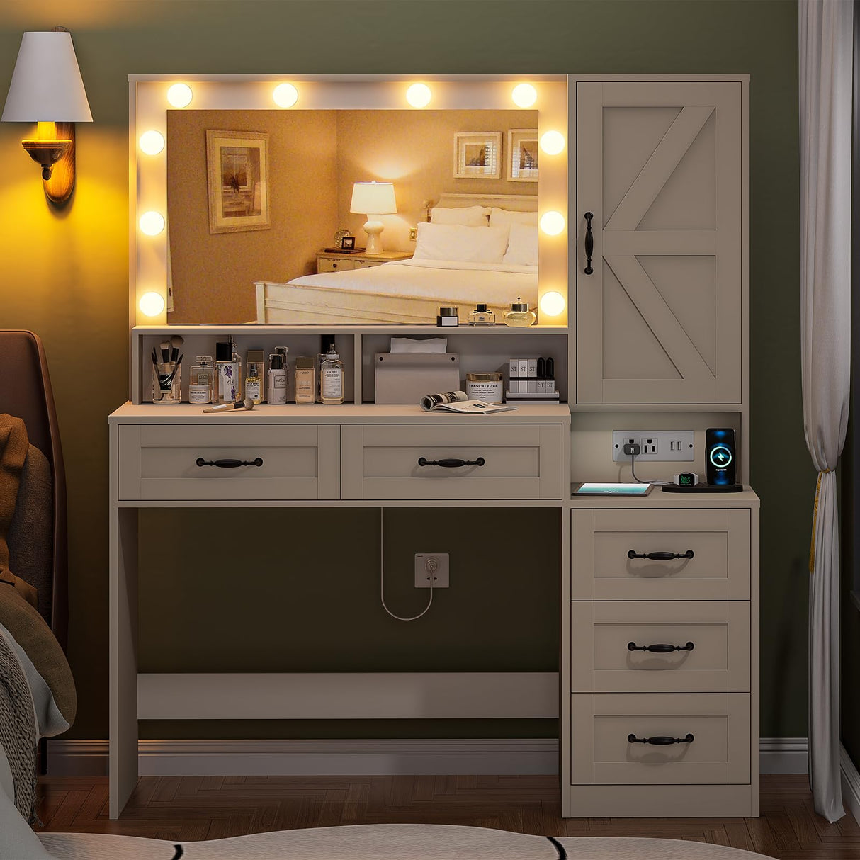 DINGIPP Farmhouse Vanity Desk with Mirror and 10 Led Lights, 45.3" Large Makeup Vanity Table with Power Outlet, 5 Drawers and 1 Cabinet, Vanity Set Dressing Table with 9 Hooks for Women Girls (White) DINGIPP