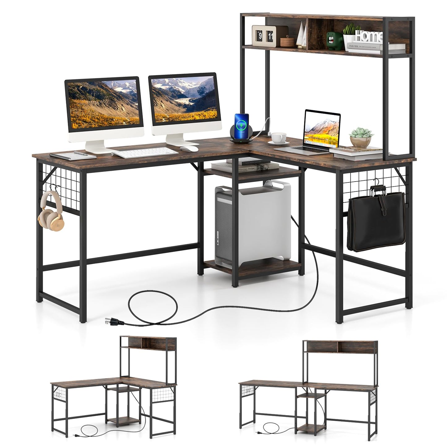 Tangkula L-shaped Desk with Power Outlet, Large Corner Desk Converts to 2-Person Long Desk with Hutch, Computer Gaming Desk with CPU Stand & 3 Removable Hooks, for Home Office (Rustic Brown) - WoodArtSupply