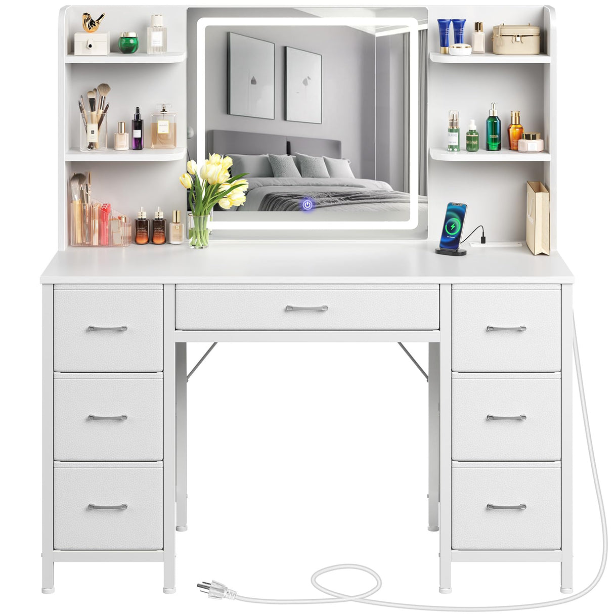 Rolanstar Vanity Desk with Lighted Mirror & Power Outlet, Makeup Vanity with 7 Fabric Drawers, 6 Storage Shelves & 3 Lighting Modes, Dressing Table for Bedroom, Girls, Women, White Rolanstar