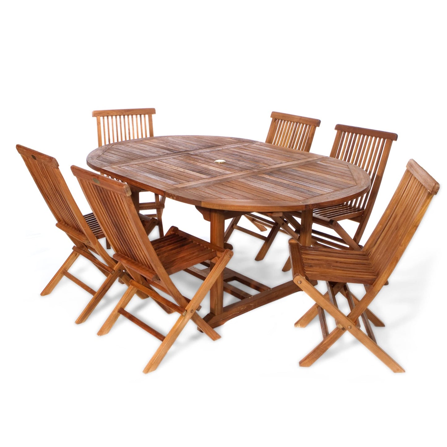 All Things Cedar TE70-22 7-Piece Teak Oval Extension Patio Table Folding Chair Set