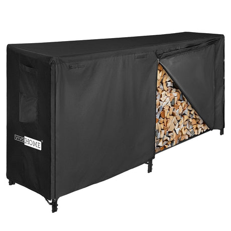 VIVOHOME 8ft Heavy Duty Indoor Outdoor Firewood Storage Log Rack with Cover Combo Set Black VIVOHOME