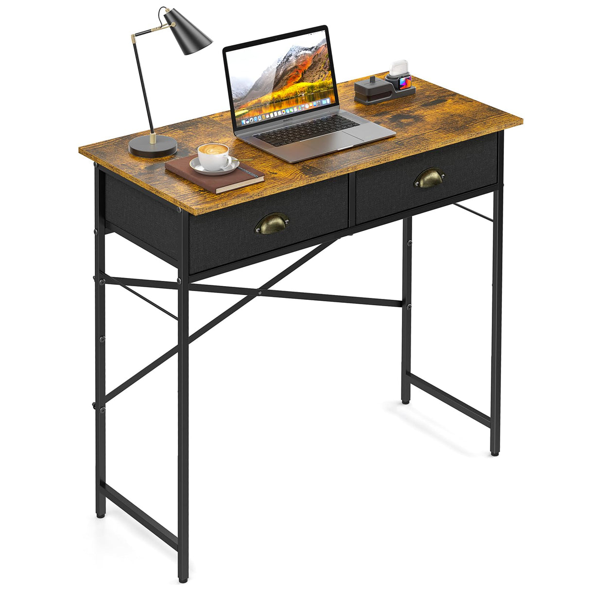 DAOUTIME Small Writing Desk for Kids Bedroom, 31.5 Inch Computer Desk for Small Spaces, Simple Desk with 2 Fabric Drawers for Home Office, Dorm, Living Room, Home Study Table, Rustic Brown DAOUTIME