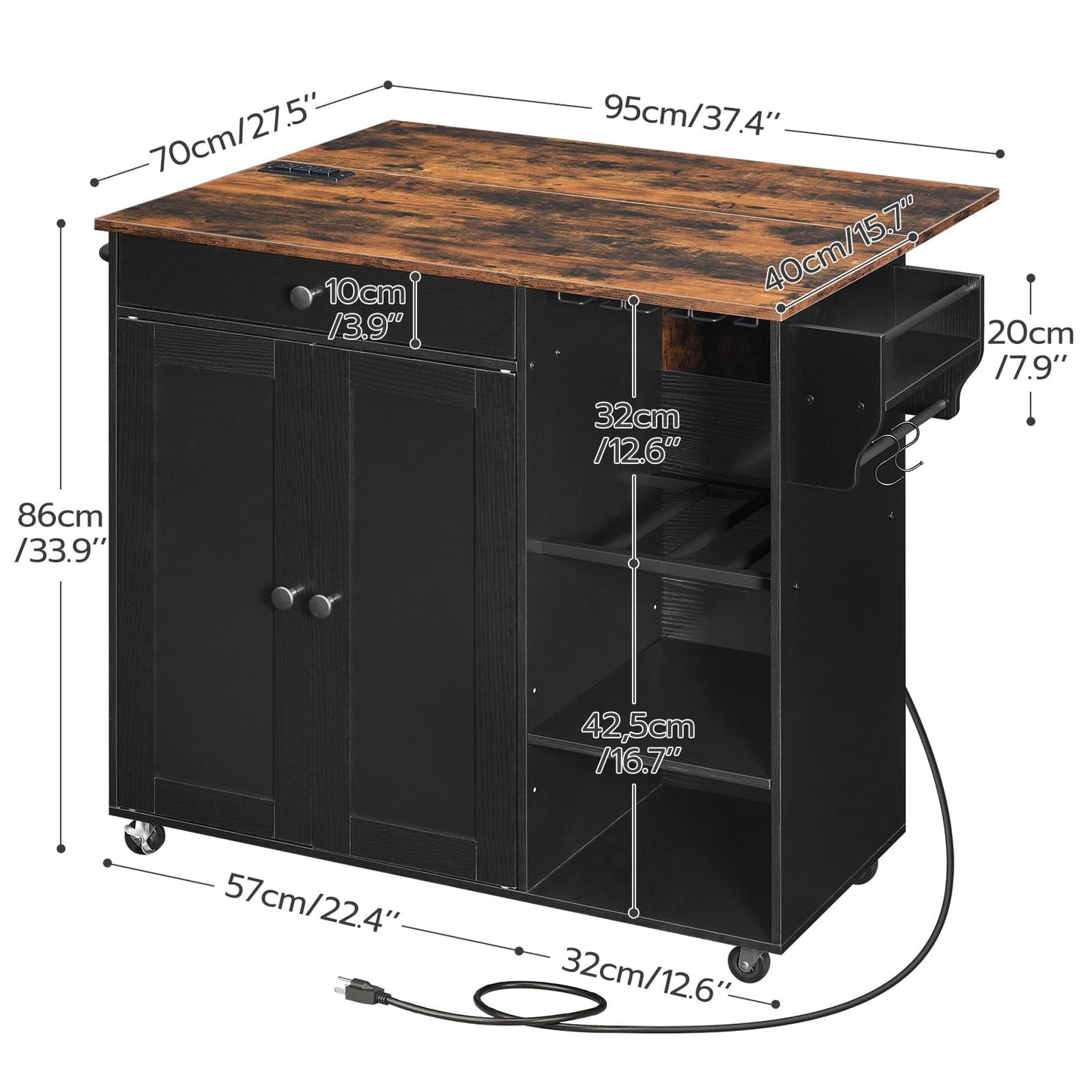 HOOBRO Kitchen Island with Storage, Rolling Kitchen Island with Folding Drop Leaf, Charging Station, Spice Rack, Drawer, Mobile Kitchen Island On Wheels, for Kitchen, Black and Rustic Brown B - WoodArtSupply