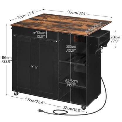 HOOBRO Kitchen Island with Storage, Rolling Kitchen Island with Folding Drop Leaf, Charging Station, Spice Rack, Drawer, Mobile Kitchen Island On Wheels, for Kitchen, Black and Rustic Brown B - WoodArtSupply