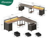 AODK 59" L Shaped Desk, 105" Computer Desk with File Cabinet & 4 Fabric Drawers, Home Office Desk with Monitor Shelf & Power Outlet, Two Person Desk or Corner Desk, Gaming Desk with LED Light, Grey AODK
