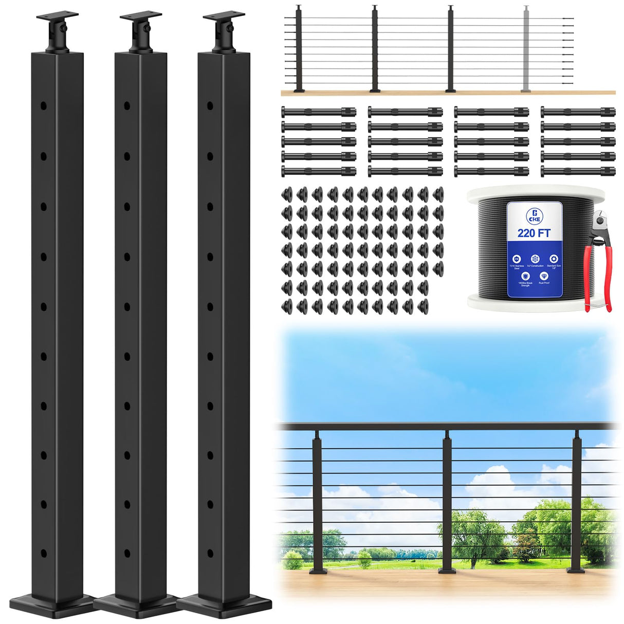 CKE 10-15ft Complete Set 36" Cable Railing Post Kit, 3Pack Adjustable Top Level Drilled Line Posts(35"x2"x2"), 220ft 1/8" Wire Rope, Black Swageless Invisible Cable Railing Kit (No Handrail) LPS01 CKE