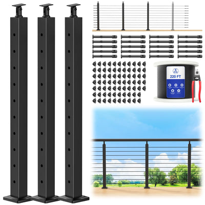CKE 10-15ft Complete Set 36" Cable Railing Post Kit, 3Pack Adjustable Top Level Drilled Line Posts(35"x2"x2"), 220ft 1/8" Wire Rope, Black Swageless Invisible Cable Railing Kit (No Handrail) LPS01