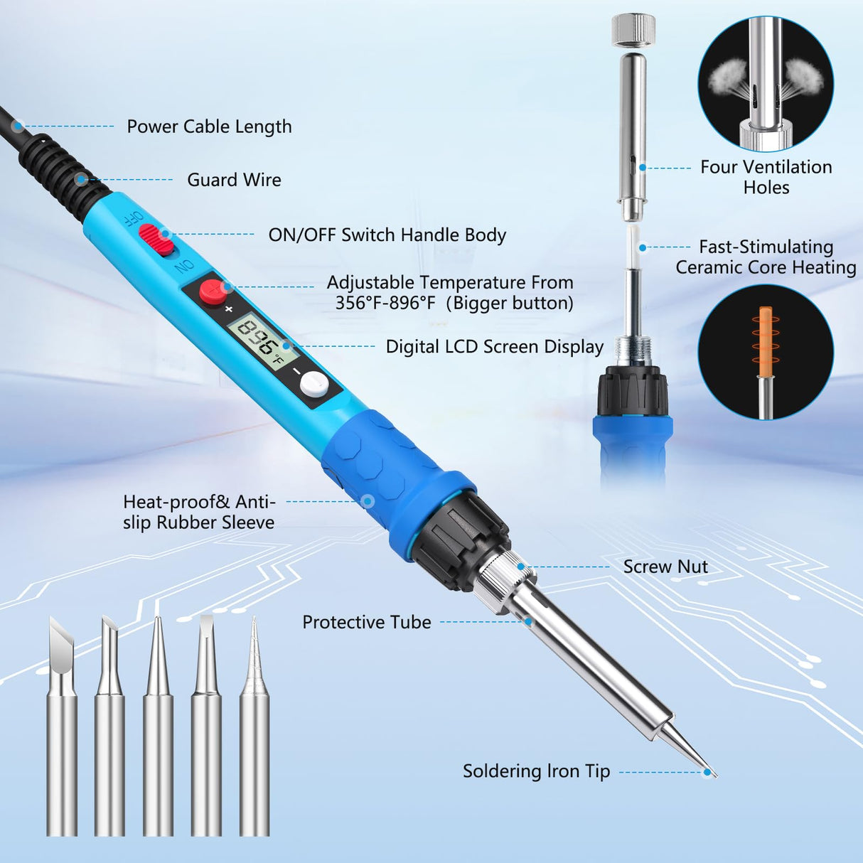 Soldering Iron Kit, 80W 110V LCD Digital Solder Iron Pen with Ceramic Heater, Portable Welding Tools with 5pcs Tips, Stand, Solders Wire, Sponge, Paste, for Metal,Electric Repairs, DIY Q-MING
