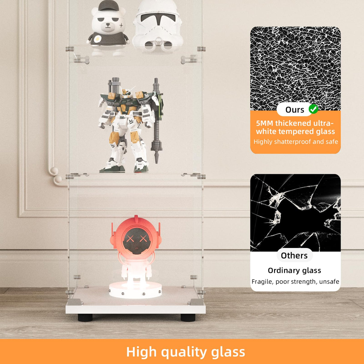 LFT HUIMEI2Y Glass Display Cabinet with LED Lights and Lock, 4-Shelf Curio Cabinets with Door, Tempered Glass Collection Display Showcase for Bedroom, Living Room 65”x 17”x 14.5” White LFT HUIMEI2Y