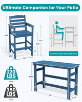 SERWALL Outdoor Bar Table and Chairs Set, Adirondack Bar Chairs Set of 2 and Bar Height Table, All Weather HDPE Outdoor Patio Bar Set, Outdoor Furniture for Outside, Poolside, Backyard, Garden, Blue SERWALL