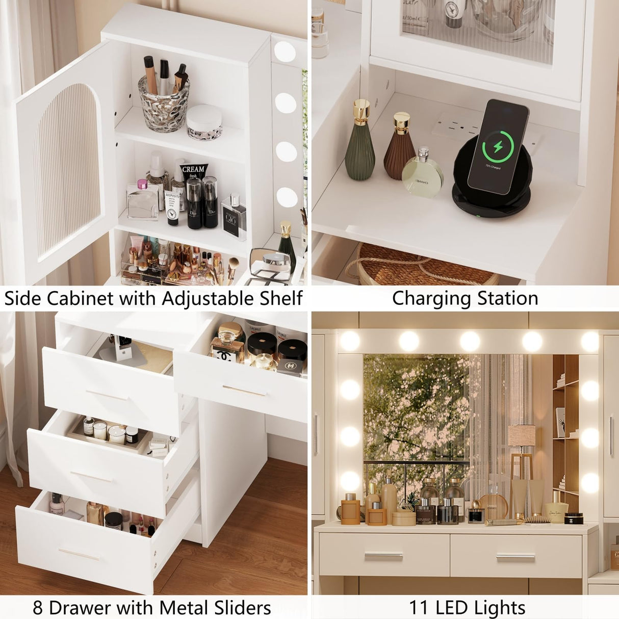 Rovaurx Large Vanity Desk with Mirror & Lights, Large Makeup Vanity Table with Charging Station, Bedroom Makeup Vanity with 8 Drawers and Side Cabinet, 3 LED Light Modes, White RSZT113W Rovaurx